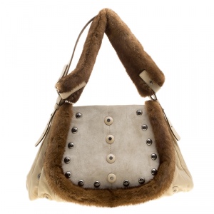Pre Owned Saint Laurent Light Beige Leather/Suede and Fur Trim Shoulder Bag