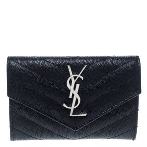 Pre Owned Saint Laurent Navy Blue Matelasse Leather Small Envelope Monogram Wallet