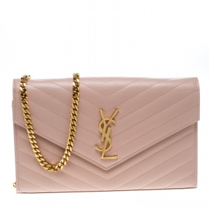 Pre Owned Saint Laurent Blush Pink Matelasse Leather Monogram Chain Clutch