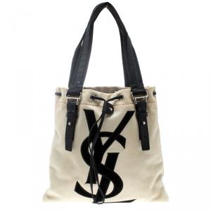 Pre Owned Saint Laurent Off White/Black Canvas Kahala Tote