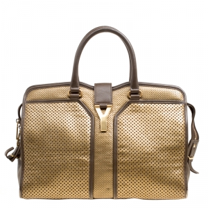 Pre Owned Saint Laurent Brown/Gold Perforated Leather Medium Chyc Cabas Tote