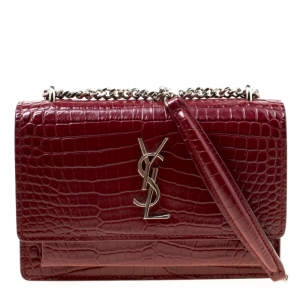 مملوكة مسبقًا  Saint Laurent Burgundy Croc Embossed Leather Sunset Shoulder Bag
