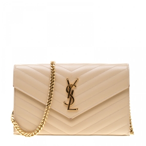 Pre Owned Saint Laurent Beige Leather Monogram Envelope Wallet-On-Chain