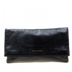 Pre Owned Saint Laurent Paris Black Leather Large Foldover Clutch