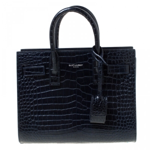 Pre Owned Saint Laurent Navy Blue Croc Embossed Leather Nano Classic Sac De Jour Tote