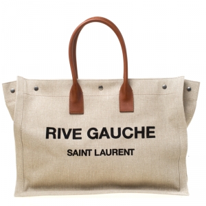 مملوكة مسبقًا Saint Laurent Paris Beige/Tan Linen and Leather Rive Gauche Tote 