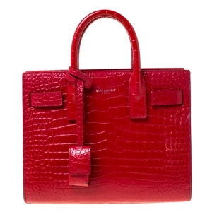Pre Owned Saint Laurent Red Croc Embossed Leather Nano Classic Sac De Jour Tote