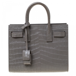Pre Owned Saint Laurent Grey Croc Embossed Leather Nano Classic Sac De Jour Tote