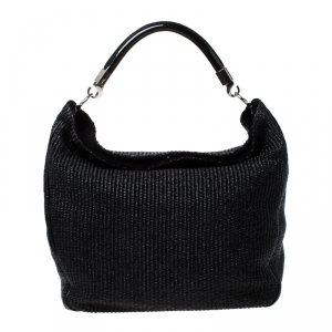 Saint Laurent Paris Black Raffia and Patent Woven Roady Hobo