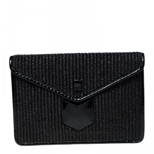 Pre Owned Saint Laurent Paris Woven Raffia and Patent Leather Clutch 