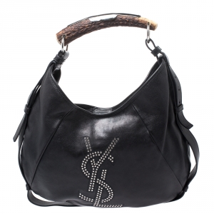 Saint Laurent Paris Black Studded Logo Leather Mombasa Hobo 