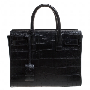 Pre Owned Saint Laurent Black Croc Embossed Leather Nano Classic Sac De Jour Tote