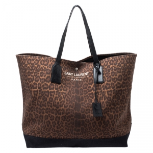 Pre Owned Saint Laurent Paris Brown/Black Leopard Canvas East West Beach Shopper Tote 
