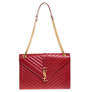 Pre Owned Saint Laurent Red Leather Monogram Envelope Shoulder Bag