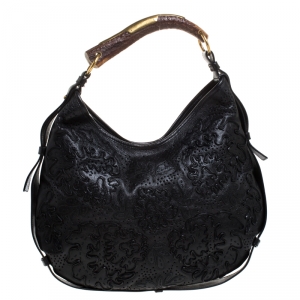 Saint Laurent Paris Black Embroidered Leather Leather Mombasa Hobo 