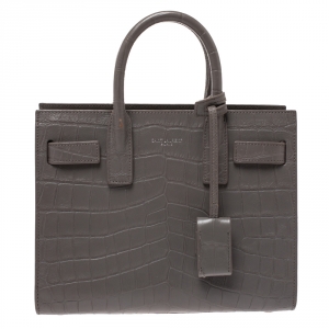 Pre Owned Saint Laurent Grey Croc Embossed Leather Nano Classic Sac De Jour Tote