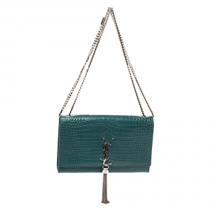 مملوكة مسبقًا Saint Laurent Green Croc Embossed Leather Medium Kate Tassel Shoulder Bag