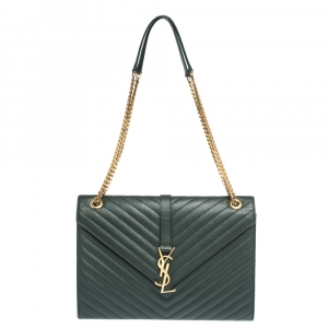 مملوكة مسبقًا Saint Laurent Green Chevron Quilted Leather Monogram Envelope Shoulder Bag