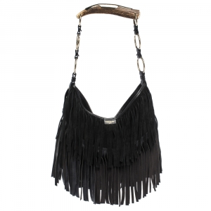 مملوكة مسبقًا Saint Laurent Paris Black Suede and Leather Fringe Mombasa Hobo
