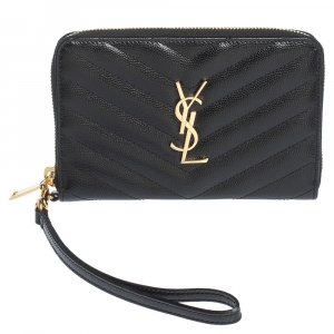 Pre Owned Saint Laurent Paris Black Matelasse Leather Monogram Zip Around Wristlet Wallet
