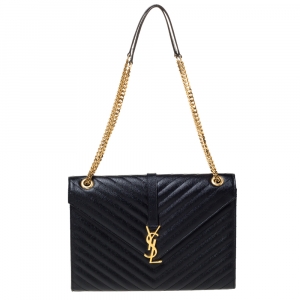Pre Owned Saint Laurent Black Chevron Quilted Leather Monogram Envelope Shoulder Bag