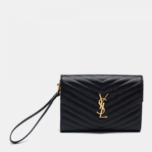 Pre Owned Saint Laurent Black Matelassé Leather Cassandre Wristlet Pouch