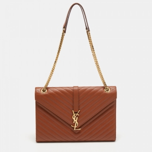 Saint Laurent Brown Matelassé Leather Large Monogram Envelope Shoulder Bag