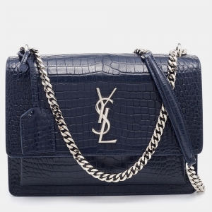 Saint Laurent Navy Blue Croc Embossed Leather Medium Sunset Shoulder Bag