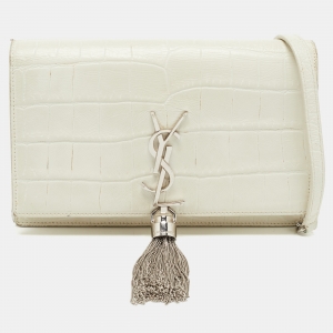 Saint Laurent White Croc Embossed Leather Kate Tassel Chain Wallet