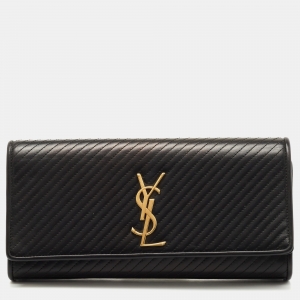 Saint Laurent Black Diagonal Quilt Leather Kate Monogram Clutch