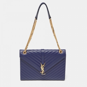مملوكة مسبقًا Saint Laurent Blue Matelassé Leather Large Monogram Shoulder Bag
