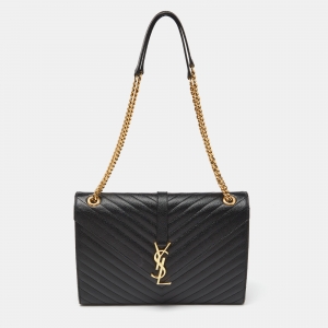 Saint Laurent Black Matelassé Leather Large Monogram Envelope Shoulder Bag