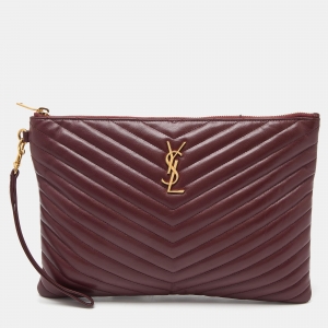 Pre Owned Saint Laurent Burgundy Matelassé Leather Monogram Wristlet Pouch