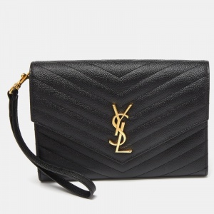 Pre Owned Saint Laurent Black Matelasse Leather Cassandra Wristlet Pouch