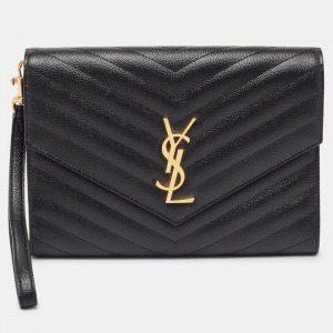 Pre Owned Saint Laurent Black Matelasse Leather Cassandre Wristlet Pouch