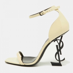 Saint Laurent Paris Off White Patent Leather Opyum Ankle Strap Sandals Size 36.5