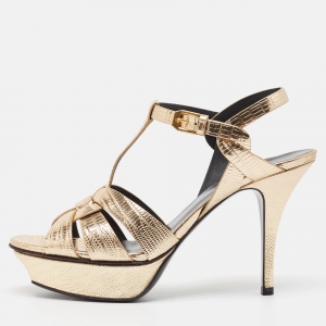 Saint Laurent Gold Lizard Embossed Leather Tribute Sandals Size 38