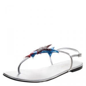 Pre Owned Saint Laurent Paris Metallic Star Appliqué Leather Nu Pied Flat Thong Sandals Size 38