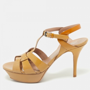 Saint Laurent Beige Patent Leather Tribute Platform Sandals Size 39.5