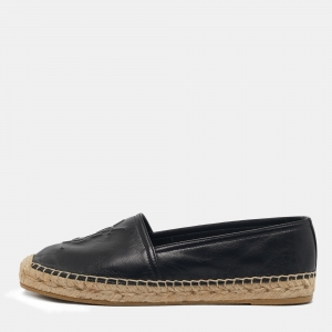 Saint Laurent Black Leather Logo Espadrille Flats Size 37