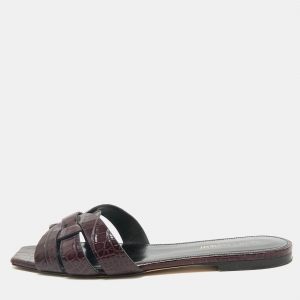 Saint Laurent Purple Croc Embossed Leather Tribute Flat Slides Size 39.5