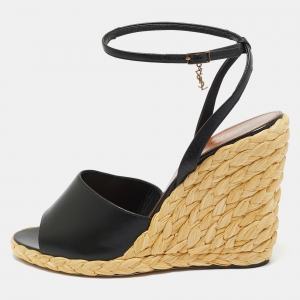 Pre Owned Saint Laurent Black Leather Wedge Espadrille Sandals Size 40.5