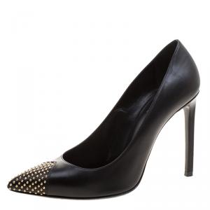 Pre Owned حذاء كعب عالي سان لوران باريس مقدمة مدببة جنيز جلد مرصع أسود مقاس 37