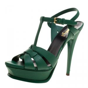 Pre Owned Saint Laurent Paris Green Leather Platform Tribute Sandals Size 38