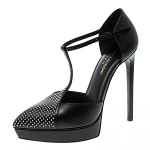 مملوكة مسبقًا Saint Laurent Paris Black Leather Studded T-Strap Pointed Toe Sandals Size 38