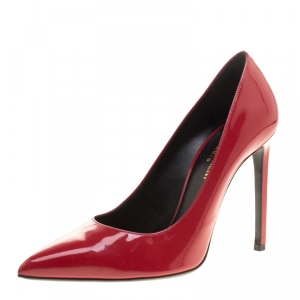 Pre Owned Saint Laurent Paris Red Patent Leather Paris Skinny Pointed Toe Pumps Size 39