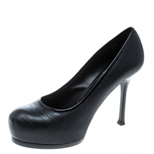 Pre Owned حذاء كعب عالي سان لوران باريس نعل سميك تريبتو جلد نقش سحلية أسود مقاس 38