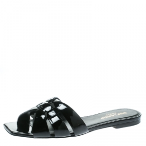 Pre Owned Saint Laurent Paris Black Patent Leather Tribute Flat Slides Size 36 .5