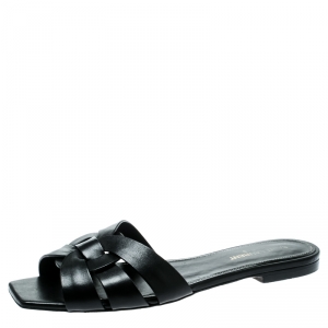 Pre Owned Saint Laurent Paris Black Smooth Leather Tribute Slide Sandals Size 39
