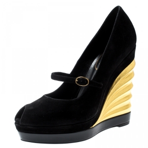 مملوكة مسبقًا Saint Laurent Paris Black Suede Maggy Mary Jane Peep Toe Wedge Platform Sandals Size 37